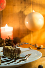 Chocolate cake with walnut cut into squares