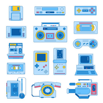 Retro gadgets from 90s in flat line style. Hipster old devices.