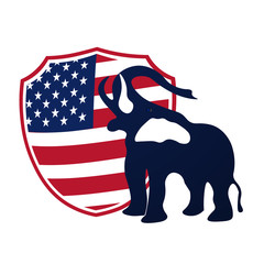 Republican elephant in the background of the shield in the colors of the American flag. Republican victory in US elections. illustration