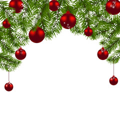 Christmas card. Green branches of a Christmas tree with red balls and snowflakes on a white background. New Year decoration. illustration