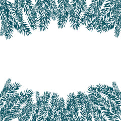 Blue, realistic fir branches in the snow in cold weather. Fir branches with the top and bottom of the picture. Isolated on white background. Christmas illustration