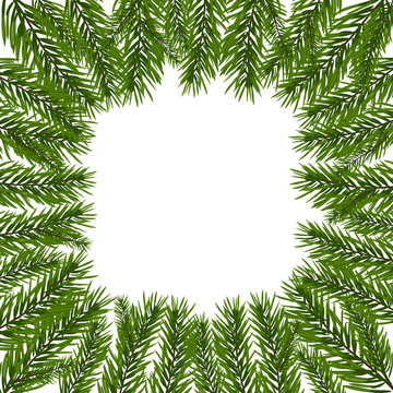 Green, realistic fir branches. Spruce branch in a circle. Isolated on white background. Christmas illustration