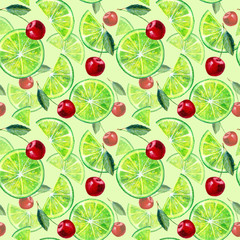 Seamless pattern of a lemon lime and cherry.Fruit picture.Watercolor hand drawn illustration.Light green background.