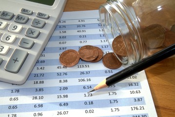 Earnings account with coins, calculator and pencil