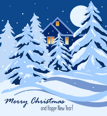 House with Christmas lights in the winter night in the forest