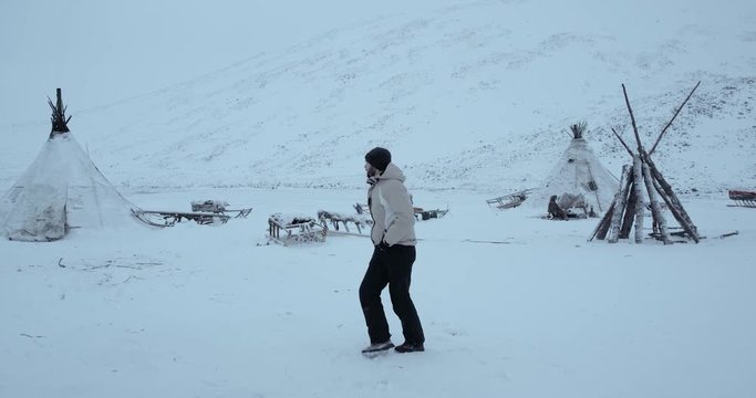 A young traveler discovering new tribes in Yamal . Shot on Red Epic 4k