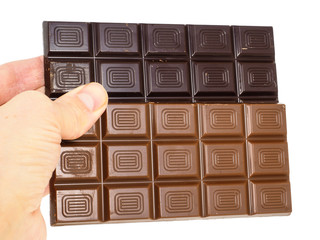 Person holding two whole bars of light and drak chocolate isolat