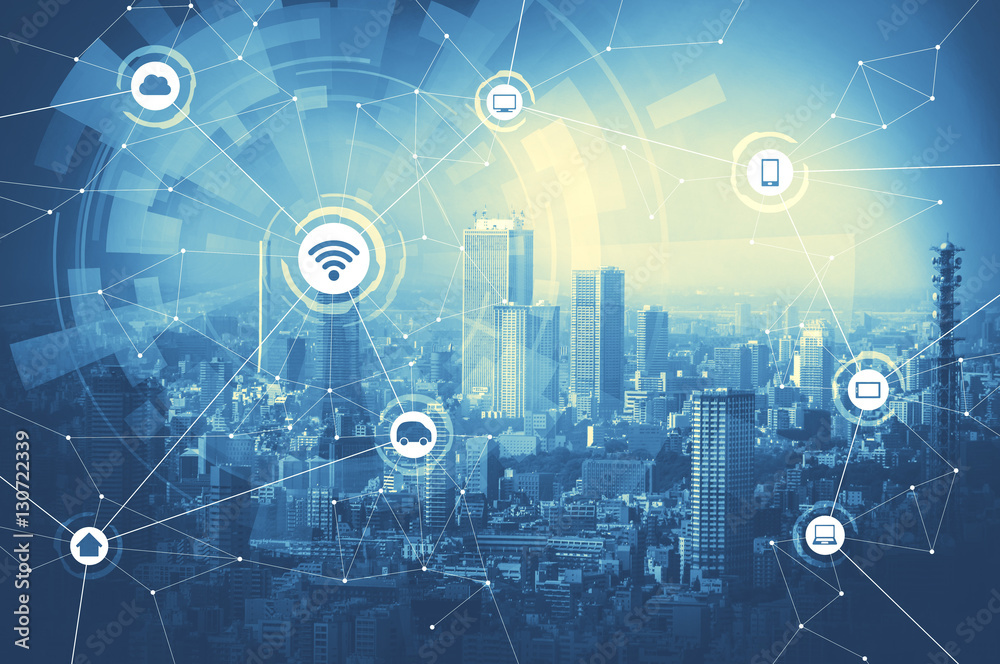 Aufkleber duo tone graphic of smart city and wireless communication network, iot(internet of things), itc(info