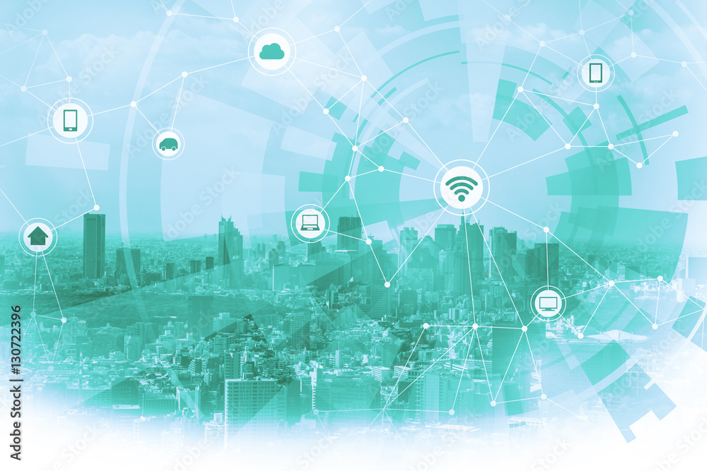 Aufkleber duotone graphic of smart city and wireless communication network, iot(internet of things), itc(infor
