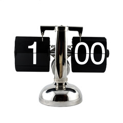 Isolated vintage flip clock on white background at one o'clock