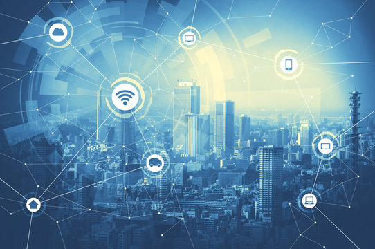 duo tone graphic of smart city and wireless communication network, IoT(Internet of Things), ITC(Information Communication Technology), abstract image visual