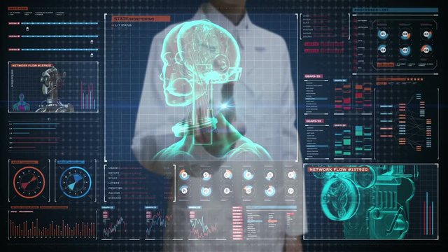 Female doctor touching digital screen, Rotating scanning robot body in digital interface.display.artificial intelligence.