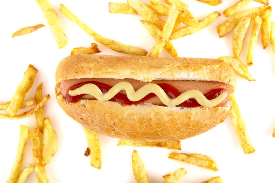 Hot Dog With French Fries From Above On White