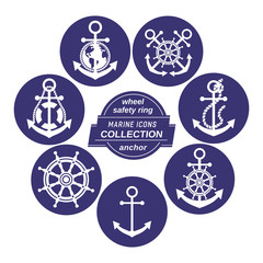 Set of icons in circles. Vector sea navigation element. Freehand drawn sailboat symbol. Stylized steering wheel, anchor, rope blue white color. Nautical advertisement label background, logo template