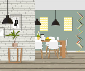 Kitchen with furniture set. Cozy room interior with table, paintings, books and dishes.