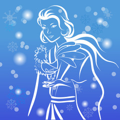 East woman with New Year's rooster on a blue background