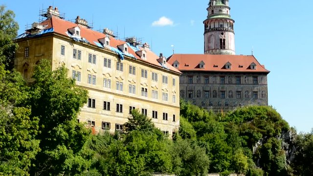 view of the river in the historical center - old tower above the river - day