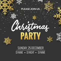 Christmas party invitation poster design. Retro gold typography and ornament decoration illustration. Xmas holiday flyer or poster design template