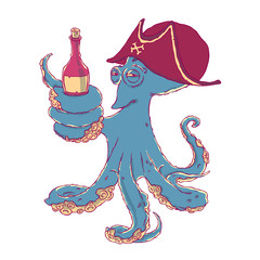 Cunning octopus-pirate with a bottle of alcohol in the tentacles. Drunk. - 130726161