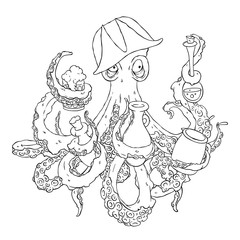 Drunk octopus-pirate with a drink in the tentacles. Drunkard in a cocked hat askew.