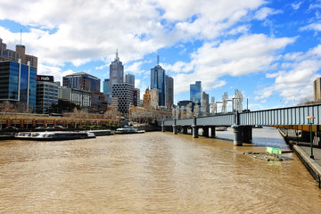 View on a Yarra river and city skyscrapers in Melbourne, Austral