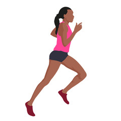 Running woman in pink jersey, flat vector illustration. Side vie