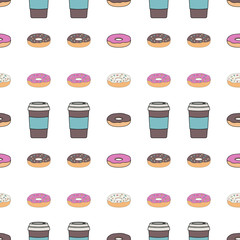 Seamless pattern. A coffee Cup with a lid and a glazed donut. Breakfast in the cafe. Vector illustration.