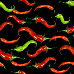 Red Hot Chili Pepper. Seamless Vintage watercolor pattern. Red and green vegetables