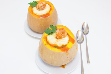 Baked whole pumpkin with shrimp and cheese