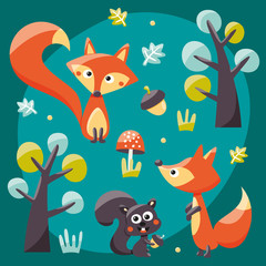 Foxes, squirrels, trees, acorns and leafs wildlife woodland wild nature colorful mushroom walk