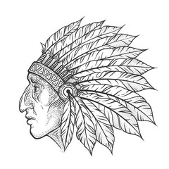 Native American Indian chief head profile. Vector vintage illust