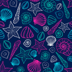 Beach Seashell Pattern. Vector seamless pattern with seashells d