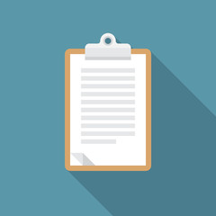 Brown clipboard icon with long shadow. Flat design style. Notepad silhouette. Simple icon. Modern flat icon in stylish colors. Web site page and mobile app design element.