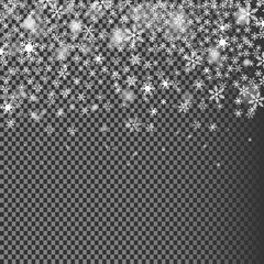 eps 10 vector falling snow on transparent background. Realistic Christmas snowfall with bokeh photo effect. Beautiful overlay for web, print and design. Greeting card, calendar, magazine cover, poster