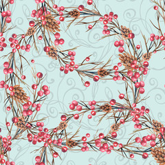 Watercolor Seamless Pattern. Background with Berries Twigs.