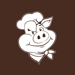 Happy Pig Chef Head. Cartoon Vector Illustration. Pig Chef Hat. Pig Chef Toy. Chef Pig. Pig Chef Logo.