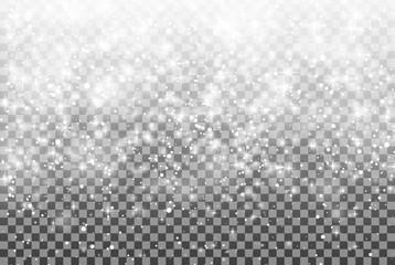 Falling snow on a transparent background. Vector illustration 10 EPS. Abstract white glitter snowflake background. Fall of snow. Magic Christmas eve snowfall.
