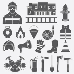 Fototapeta premium Vector set icons of firefighting equipment vector illustration