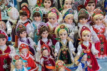 Traditional Hungarian souvenir dolls at gift store. Great Market