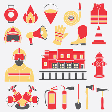 Vector set icons of firefighting equipment vector illustration