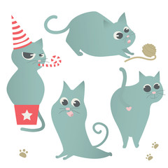 Cute cats set isolated. Cat sitting in gift box. Vector illustration.
