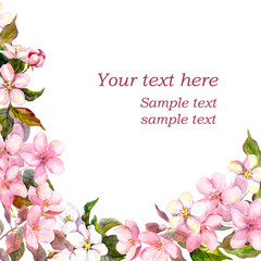 Fototapeta na wymiar Floral greeting card. White, pink cherry sakura flowers. Watercolor