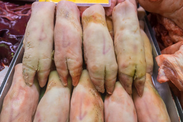 fresh pig trotter at farmers market for sale. Budapest Hungary