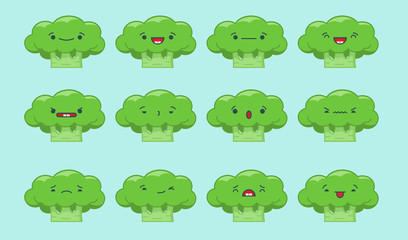 Set of vector kawaii broccoli emoticons. Isolated on light blue background.
