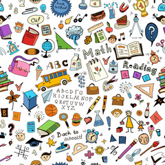 Seamless pattern with set of different school things.Doodle seamless background with school icons.