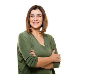 Happy young woman posing on white background.