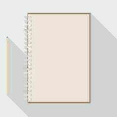 to left handed top view of flat vector design pencil and blank kraft paper notebook on background with long shadow effect