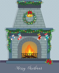 Christmas card with a decorated fireplace.