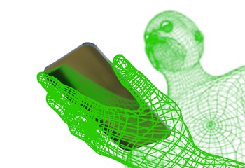 Virtual man holding realistic smartphone isolated 3d illustration