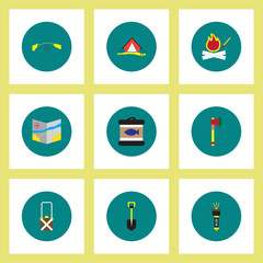 Collection of stylish vector icons in colorful circles Camping stuff